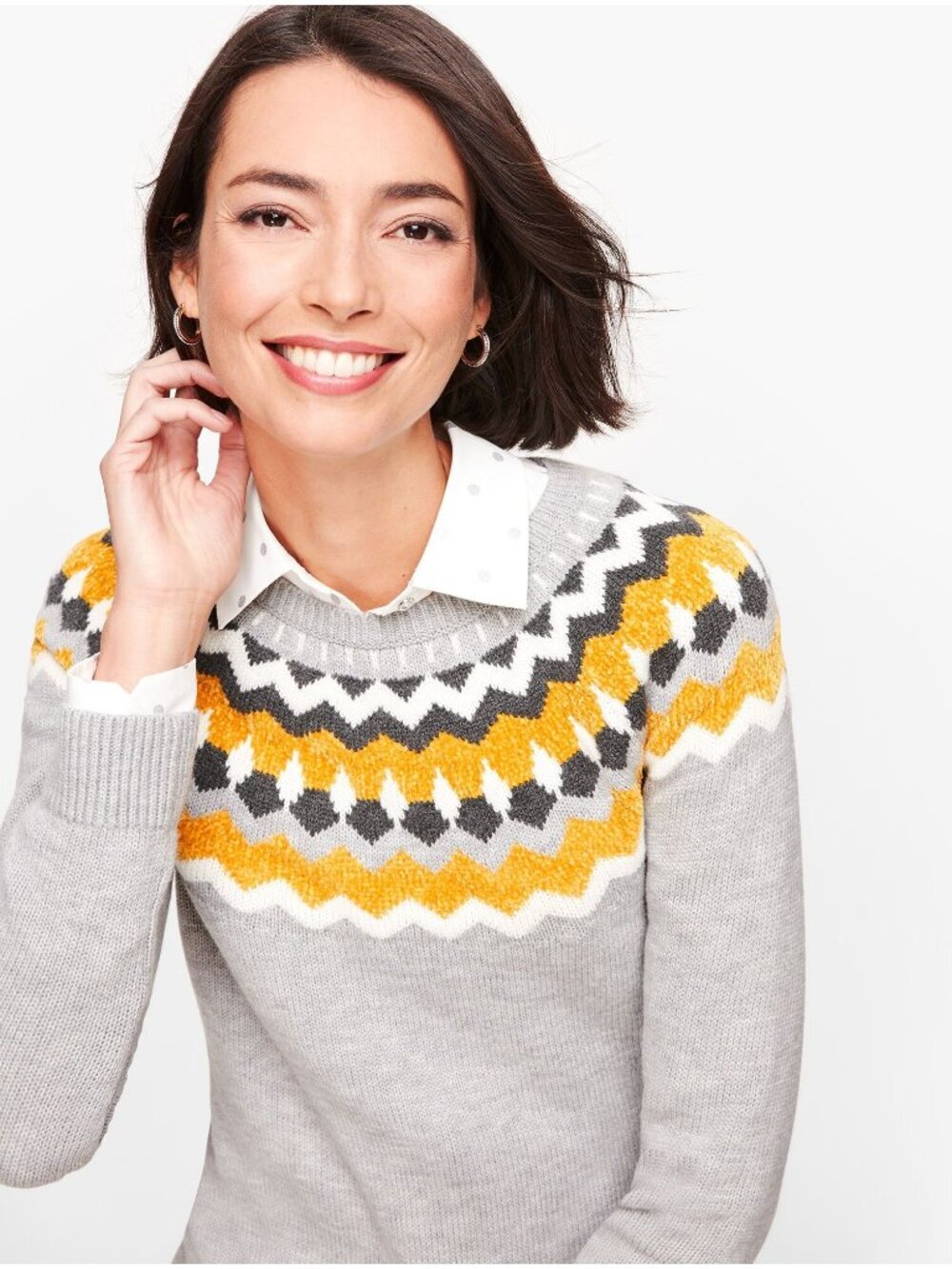 Talbots Chenille Fair Isle Trim Sweater L Lambs Wool Blend Gray Yellow White